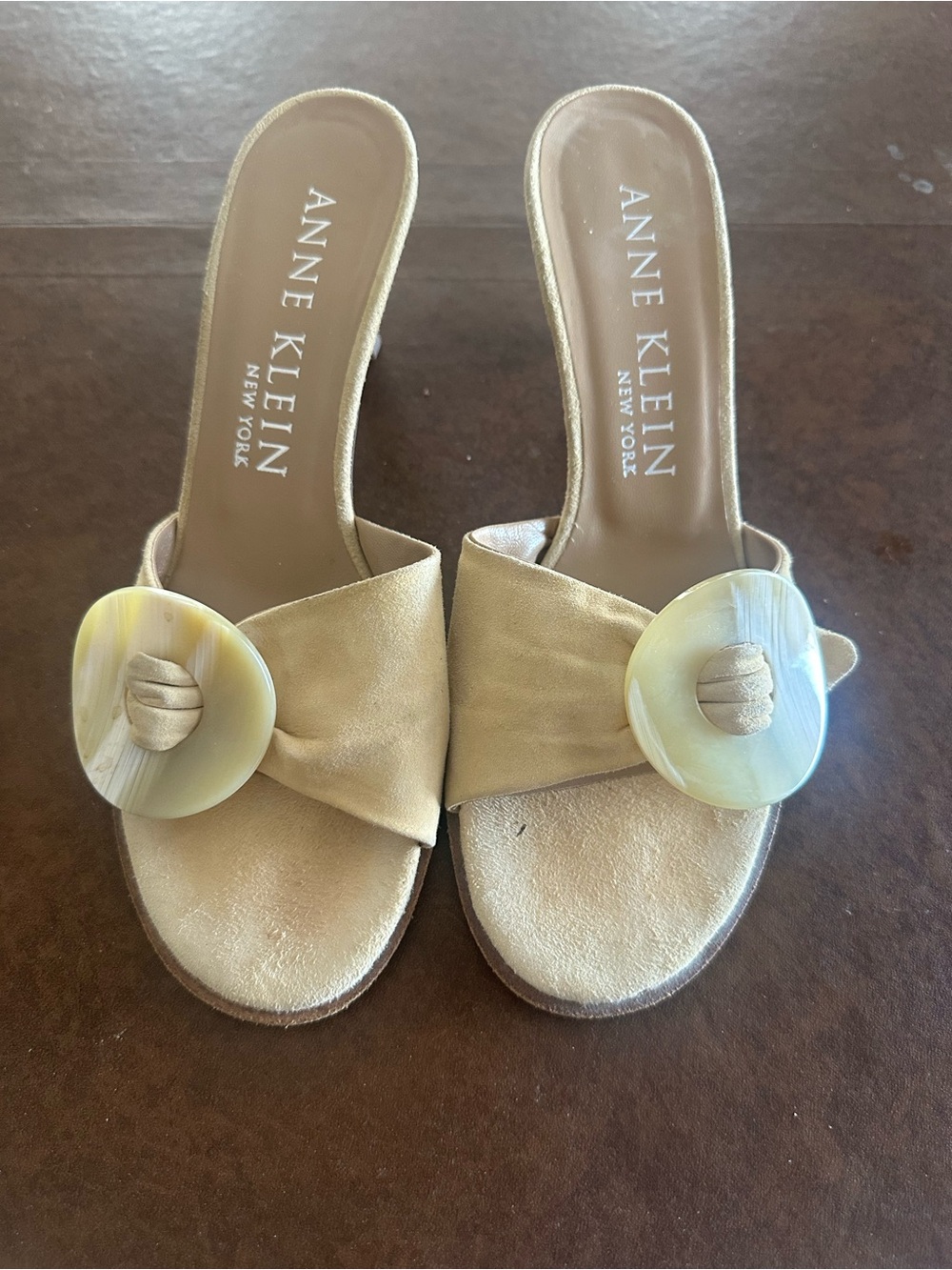 Anne Klein Tan Slide Suede Mules with Decorative Mother-of-Pearl Accent